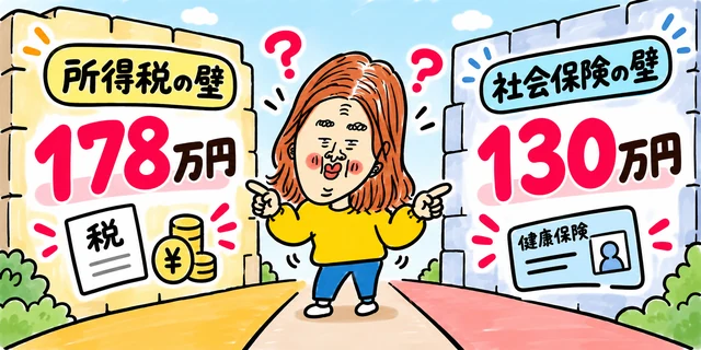 所得税の壁と社会保険の壁のイラスト
