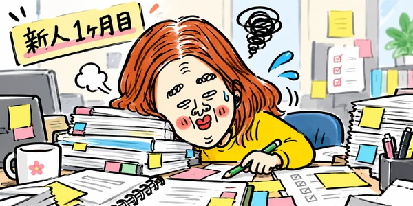 新人1ヶ月目、覚えることが多すぎて書類やメモに囲まれ、机に突っ伏してぐったりする新人のイラスト