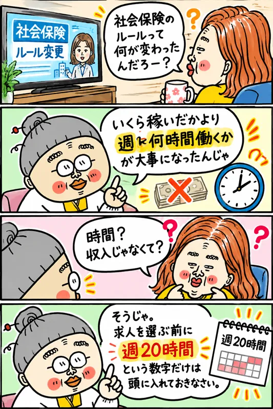 求職者とおばあちゃんが社会保険のルール変更について話し、収入額だけでなく週の労働時間が重要になることや「週20時間」という目安を確認するイラスト