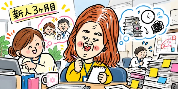 新人3ヶ月目になり、職場の良い面と気になる面の両方が見えてきた新人。親切な同僚に助けられる一方、仕事の多さに戸惑いながら考える