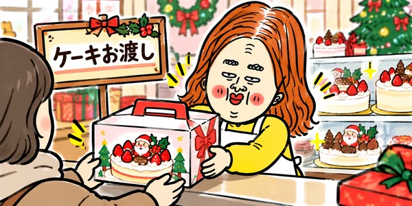 クリスマスケーキ店のアルバイトで、サンタやイチゴが飾られたケーキの箱をお客さんに手渡すスタッフのイラスト