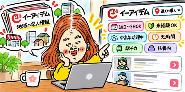 地域密着型のイーアイデムで条件タグを確認しながら求人を探す求職者のイラスト