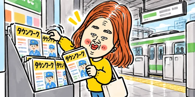 駅の求人ラックからタウンワーク誌を手に取る求職者のイラスト
