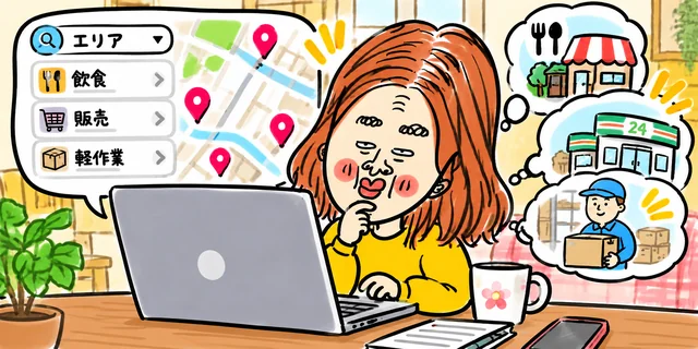自分の住んでいるエリアの求人状況をパソコンで確認する求職者のイラスト