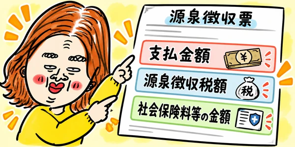 源泉徴収票の3つの重要項目を指さして説明するイラスト