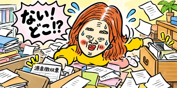 源泉徴収票をなくして必死に探し回るイラスト