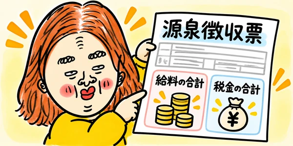 が源泉徴収票を指さし、1年間の給料の合計と、そこから引かれた税金の合計を説明するイラスト