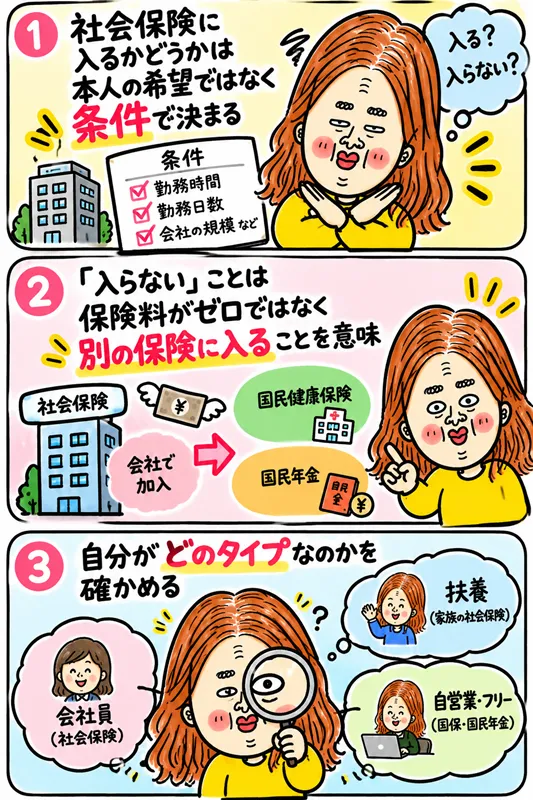 社会保険に加入するかどうかは本人の希望だけでなく勤務条件で決まること、加入しない場合も別の保険に入る必要があること、自分が会社員・扶養・自営業のどのタイプに当てはまるか確認することの」イラスト