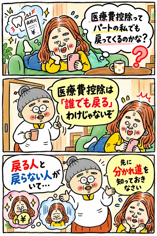 ら医療費控除が気になるパート勤務女性のイラスト