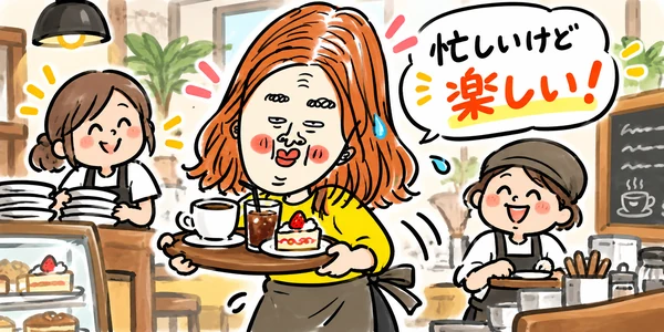 忙しいカフェで、同僚と協力しながら笑顔で働く求職者。仕事は忙しくても、職場の雰囲気がよく楽しそうに頑張っているイラスト