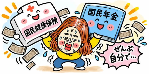 国民健康保険と国民年金の保険料を自分で負担するイラスト