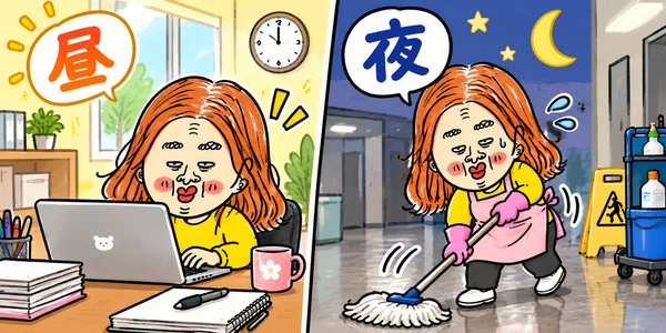 昼はパソコンの仕事、夜は掃除のアルバイトを掛け持ちして頑張るイラスト