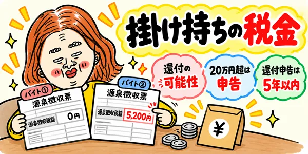 掛け持ちバイトの源泉徴収票を2枚並べ、源泉徴収税額を確認するイラスト