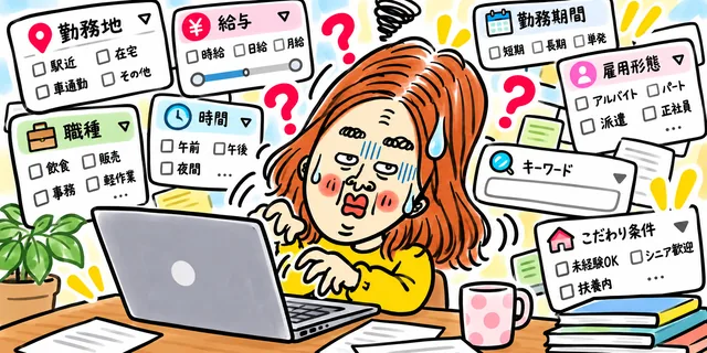 求人サイトの検索機能が多すぎて混乱している求職者のイラスト