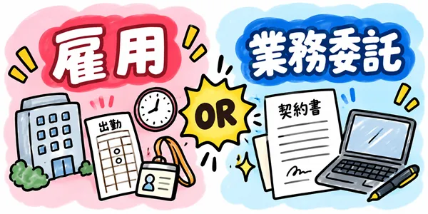 「雇用」と「業務委託」の違いを比較したイラスト