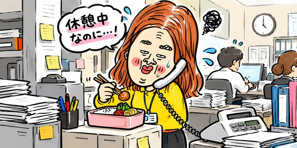 休憩室がなく、立ったままお弁当を食べながら電話対応までしている新人
