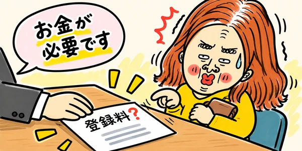 怪しい求人の面接で「登録料」と書かれた書類を見せられ、お金を要求されて不審に思う求職者のイラスト