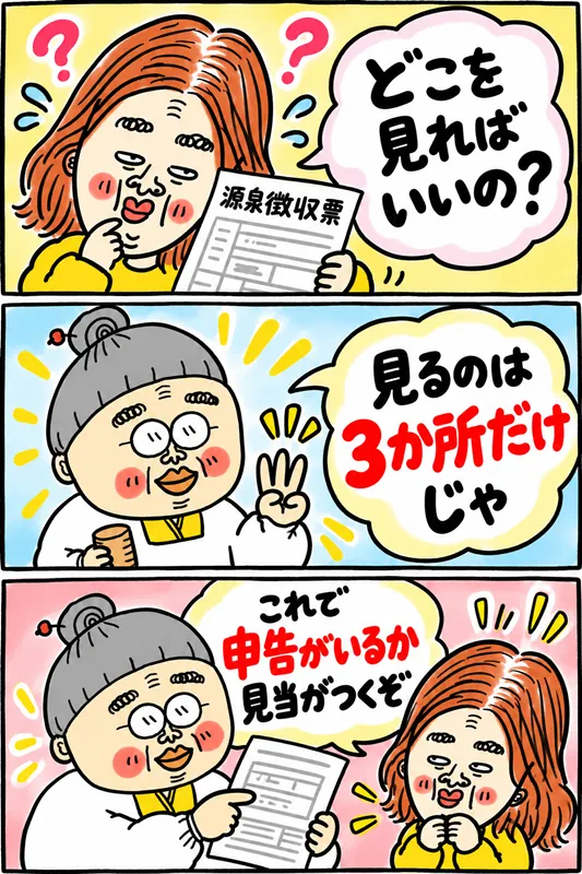 源泉徴収票の見方に悩むイラスト