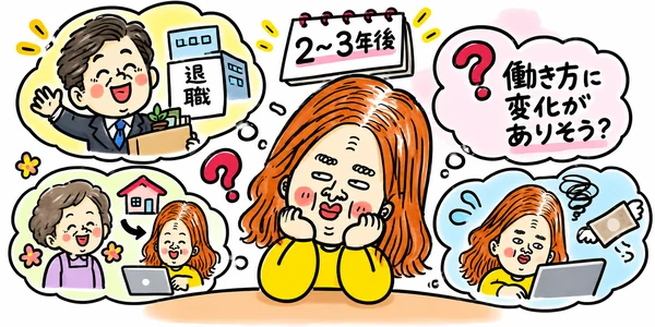 2〜3年後の配偶者の退職や家族の働き方の変化を想像し、今後の生活について考えるイラスト