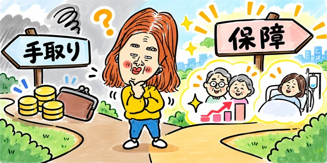 手取りを選ぶか、保障を選ぶか迷う求職者のイラスト