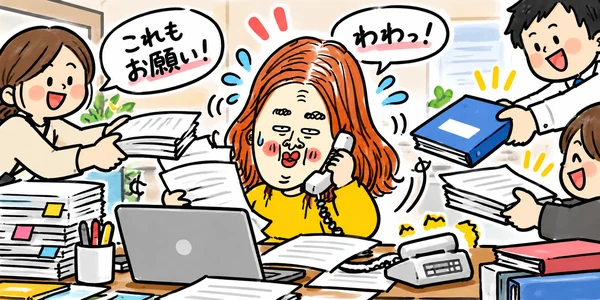 次々に仕事を頼まれ、電話対応や大量の書類に追われて、てんやわんやになる新人