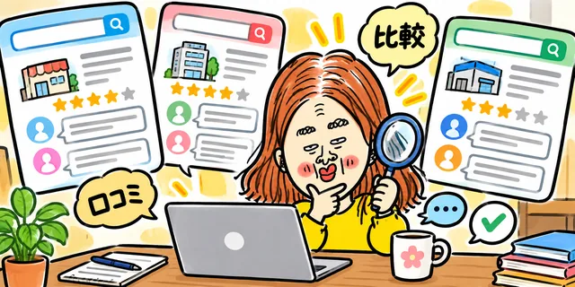 求人サイトの口コミを参考にしながら複数のサービスを比較する求職者のイラスト