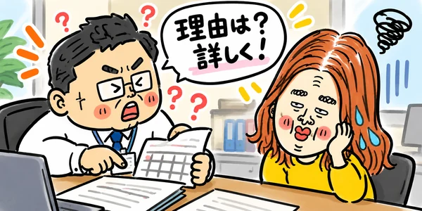 休みたい理由を上司に細かく問い詰められ、汗をかきながら疲れ切っている求職者のイラスト